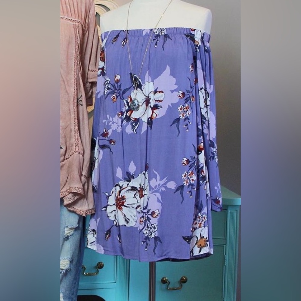 Onetheland Off The Shoulder Strapless Long Sleeve Purple Floral Mini Dress